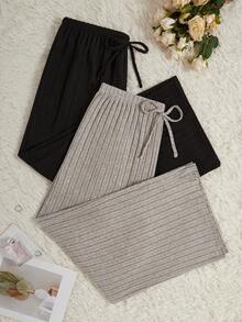 Lowkey Lull 2pcs Simple Solid Color Ultra-Soft Thin Rib Fabric Loose Casual Slimming Plus Size Straight Leg Cozy Pants, Spring/Autumn, Fall Winter Clothes - Multicolor - View 2