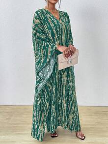 SHEIN Clasi 女士条纹蝙蝠袖V领开衩长款衬衫罩衫连衣裙长款女装 - 水藍色 - 查看 5