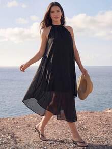 Juhart Plus Solid Asymmetrical Hem Halter Neck Dress Maxi Women Outfit - Black - View 8