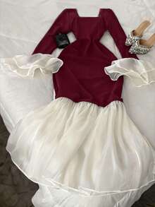 INAWLY Women's Color Block Square Neck Long Sleeve Ruffle Hem Dress - Burgundy - View 2