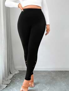Elenzga Plus Size Solid Color Lace Patchwork High Waist Leggings - Black - View 5