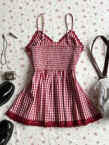 Glimmora Camiseta de tirantes casual y versátil con volantes de encaje a cuadros para mujer - Multicolor - Ver 2