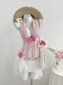 Flirla Women's V-Neck Backless Pastal Textured Beaded Tassel Halter Top Fairy-Core Summer Holiday Tea Party Golf Beach Vacation Birthday Sexy - Pink - View 5