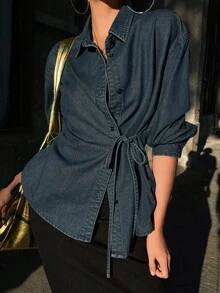 DAZY Áo sơ mi denim nữ dáng rộng, cổ bẻ, chất liệu denim mài, kiểu dáng thường ngày. - Màu xanh lam - Xem 1