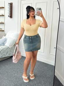 CovetEZ Apricot Plus Size Women Ruched Fitted Short Sleeve T-Shirt - Apricot - View 5