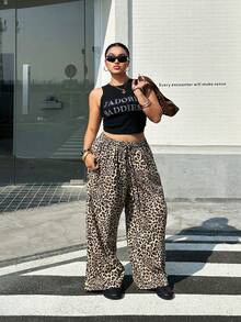 SHEIN EZwear 加大码豹纹抽绳腰裤 - 棕色 - 查看 3