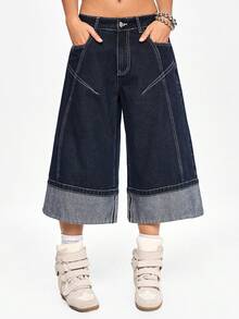 ROMWE Grunge Punk Y2K Ultra Low Waist Baggy Fold-Over Hem 7/8 Length Jeans - Black - View 1