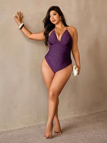 Auralis 大码女士纯色褶皱性感挂脖连体泳衣 - 中紫紅色 - 查看 6