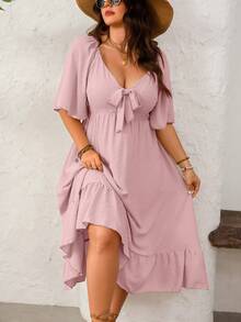 Breezaya Plus Size Cutout Flare Hem Short Sleeve Dress - Pink - View 8