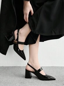 CUCCOO BIZCHIC 女士鞋履 春秋季尖头粗跟中跟黑色金属扣装饰女士露跟鞋 时尚经典简约通勤约会派对假日度假女士高跟鞋 - 耀夜黑 - 查看 4