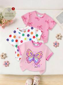 3pcs Kaos Lengan Pendek Bayi Perempuan Manis dan Lucu dengan Motif Pita, Bunga & Kupu-kupu, Cocok untuk Kegiatan Musim Panas di Luar Ruangan - MultiWarna - View 5