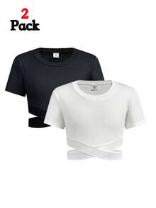 Tween Girls' Round Neck Short Sleeve Criss-Cross Hem Black & White 2 Pieces T-Shirt Set - Black and White - View 8