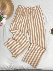 SHEIN EZwear 女士休闲条纹裤 - 卡其色 - 查看 5
