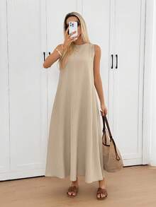 Easowa Loose Sleeveless Midi Dress With Irregular Hem, Pleated Back Tie, Textured Chiffon Fabric, Casual Relaxed Elegant Office/Vacation Wear For Women, Spring/Summer - Apricot - View 6