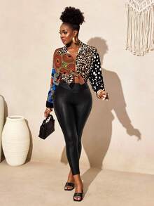 BamGleam Women's Leopard Print Random Pattern Long Sleeve Shirt - Multicolor - View 3