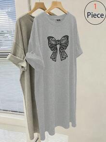 GlowEve CURVE Đầm ngắn tay dáng suông thoải mái, thanh lịch, cỡ lớn, thích hợp mặc đi làm và mặc thường ngày, in họa tiết nơ, thích hợp cho mùa xuân/hè, áo thun dáng rộng cho nữ, áo thun dài in nơ, áo thun nữ. - Xám - Xem 1