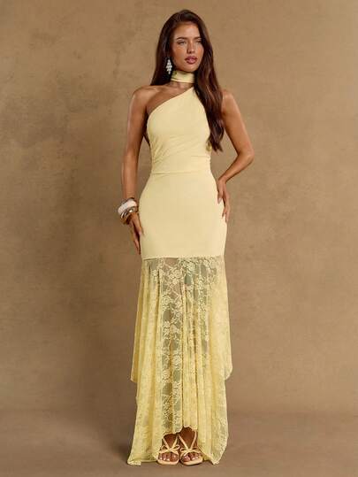 SHEIN BAE Women's Elegant Extra Long Dress With Asymmetric Ruffled Hem, Contrast Lace, Asymmetric Neck Neckline, Tie Decor, Suitable For Spring/Summer, Vacation, Wedding Bridesmaid, Birthday, Graduation