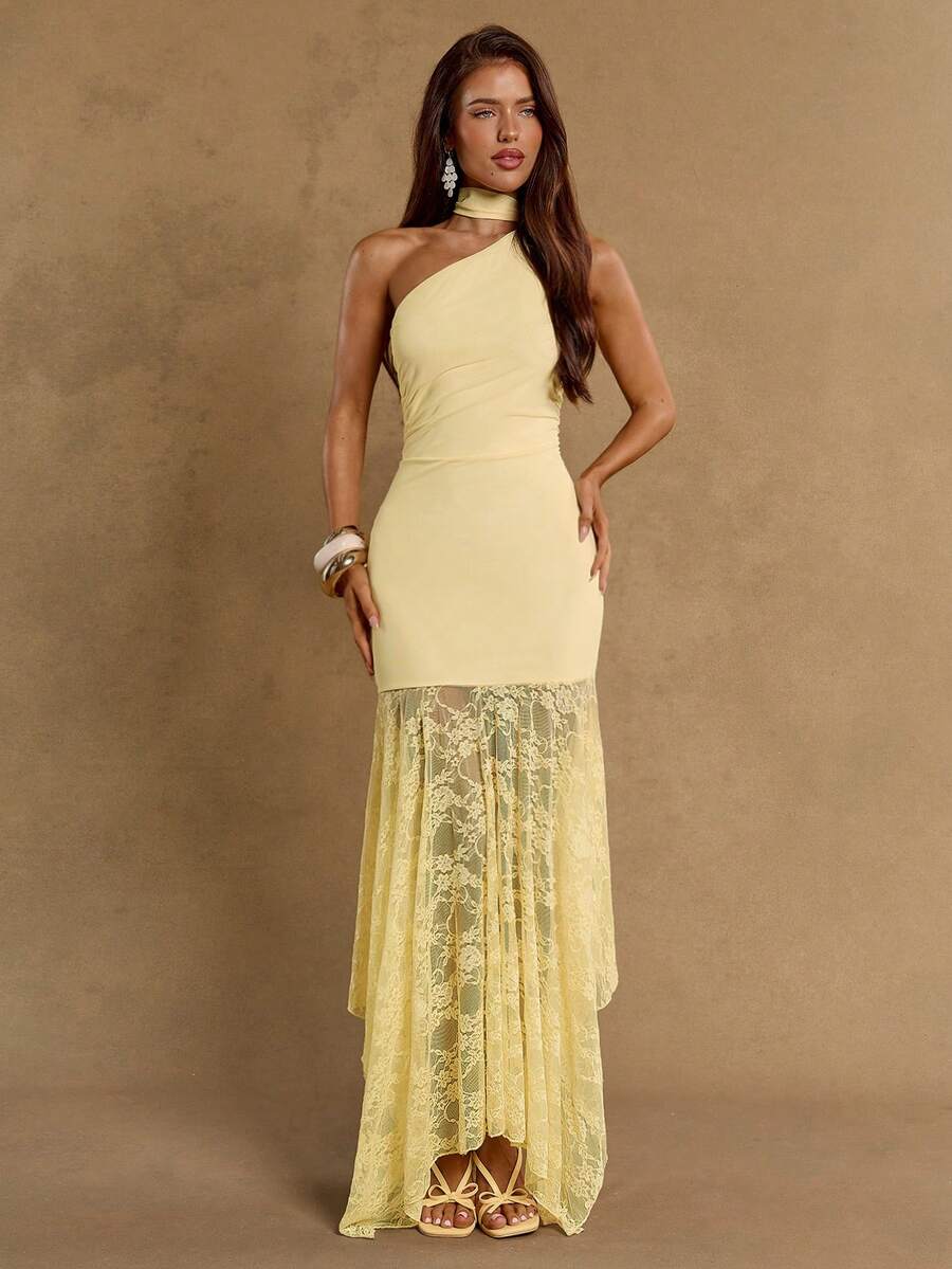 SHEIN BAE Đầm dài thanh lịch dành cho nữ với vạt áo xếp ly bất đối xứng, ren tương phản, cổ áo bất đối xứng, trang trí thắt nơ, thích hợp cho mùa xuân/hè, kỳ nghỉ, đám cưới, phù dâu, sinh nhật, lễ tốt nghiệp. - Màu vàng - Xem 1