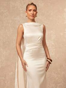 Lumalex 女士优雅杏色褶皱领无袖修身喇叭连衣裙，春夏款 - 杏色 - 查看 5