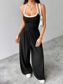 SHEIN MOOSTA 女士V领露背休闲连体裤，简约设计，适合春夏穿着 - 黑色 - 查看 3