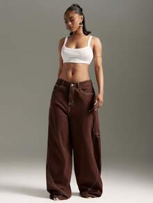Denimoi Quần ống rộng, túi ngoại cỡ, phong cách đường phố thời trang, quần jeans boyfriend lấy cảm hứng từ thập niên 90. - màu nâu - Xem 4