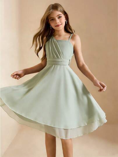 Vestido ajustado de gasa sin mangas de color verde elegante y lujoso para niñas, adecuado para fiestas de noche, Navidad, Halloween, bodas, niña de las flores, baile de graduación, vacaciones y temporada de graduación