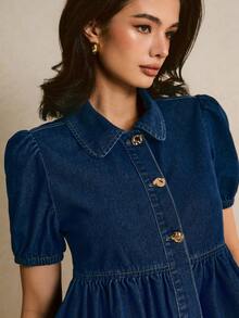 Poéselle Áo kiểu denim tay cánh hoa dáng rộng thoải mái cho nữ mùa hè - màu đen - Xem 7