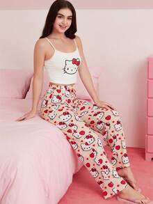 HELLO KITTY AND FRIENDS | SHEIN 女士白色吊带背心和粉色长裤睡衣套装，猫咪图案，蝴蝶结图案，卡通可爱Y2K风格，甜美，日常居家休闲夏季款 - 杏色 - 查看 1