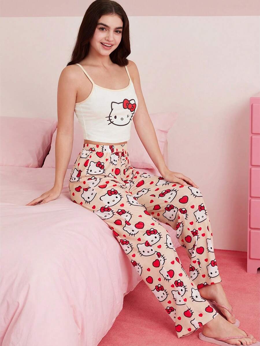 HELLO KITTY AND FRIENDS | SHEIN 女士白色吊带背心和粉色长裤睡衣套装，猫咪图案，蝴蝶结图案，卡通可爱Y2K风格，甜美，日常居家休闲夏季款 - 杏色 - 查看 1