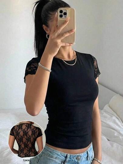 SHEIN EZwear New Summer Black Knit Lace Patchwork Women T-Shirt