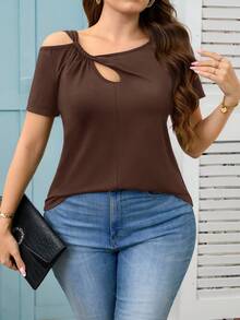 Reflora Plus Size Women Elegant Round Neck Hollow Out Twist Knot T-Shirt - Coffee Brown - View 6