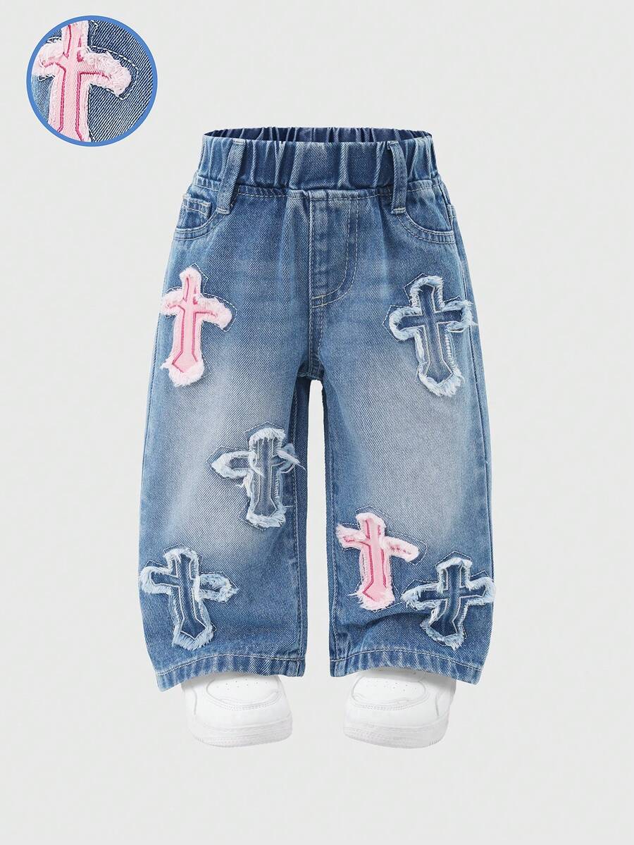 SHEIN Quần jeans ống rộng mùa hè cho bé gái, quần denim thêu hình trái tim dễ thương, màu đen bạc màu cổ điển, chất liệu vải đen xám thoải mái, quần denim ống rộng dáng suông in hình trái tim, thiết kế eo chun, chất liệu cotton mềm mại, thích hợp cho các hoạt động hàng ngày, đi học, đi làm, tụ họp, mặc ở nhà. - Rửa trung bình - Xem 1