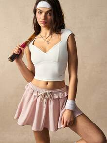 VARSIVA 女士纯色心形领短袖短款运动T恤 - 白色 - 查看 6