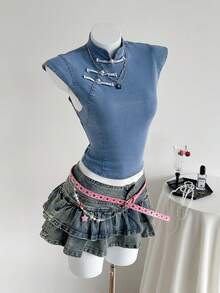 SHEIN Áo sơ mi denim dáng ôm cổ tàu tay ngắn dành cho nữ. - Màu xanh lam - Xem 2