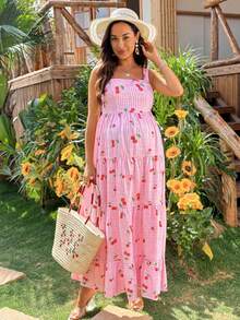 SHEIN Đầm bầu không tay họa tiết kẻ caro và quả anh đào - Nhiều màu - Xem 7