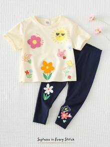 Cozy Pixies 女婴碎花印花柔软针织圆领落肩套头衫和松紧腰裤两件套 - 白色 - 查看 8