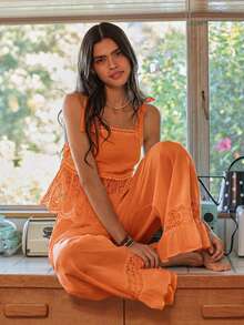 Lullawish Bộ đồ ngủ nữ bằng vải cotton dệt kiểu Bohemian với dây đeo mảnh. - trái cam - Xem 6