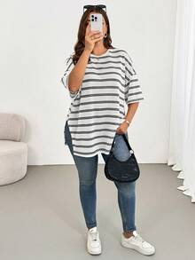 Shapeblank Áo thun ngắn tay kẻ sọc trắng, kiểu dáng đơn giản, thoải mái, dễ mặc, cơ bản, đa năng, tôn dáng dành cho nữ cỡ lớn mùa xuân/hè, phong cách giản dị, trang phục mùa hè, áo kiểu rộng. - Đen và trắng - Xem 4