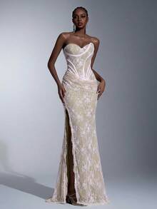 Elitara 优雅奢华复古法式3D立体骨线睫毛波浪下摆刺绣荷叶边开衩鱼尾裙摆女士宴会礼服、网纱连衣裙、商务连衣裙、宾客礼服 - 淺粉色 - 查看 1