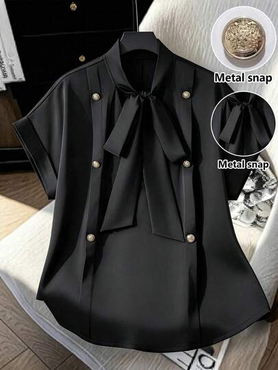 GlowEve CURVE 大码女士优雅纯色蝴蝶结V领金属纽扣装饰翻领短袖衬衫，适合商务通勤