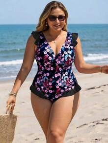 Swim Lushoire 大码女式连体泳衣，随机热带树叶印花，时尚度假休闲修身荷叶边下摆，遮肚深V领露背连体泳衣 - 黑色 - 查看 4