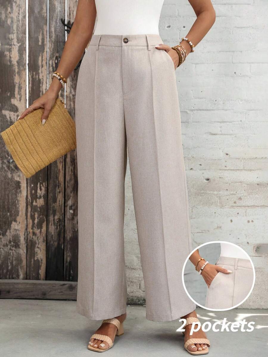 EMERY ROSE 女士纯色口袋纽扣休闲百搭阔腿裤，适合日常穿着 - 卡其色 - 查看 1
