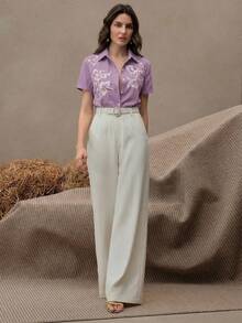 Anewsta 女士优雅花卉刺绣短袖衬衫，适合度假、通勤、春夏、节日、毕业典礼等场合。 - 紫丁香色 - 查看 6