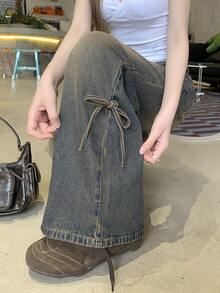 FRIFUL 女士系带口袋阔腿宽松休闲百搭牛仔裤 - 藍色 - 查看 2