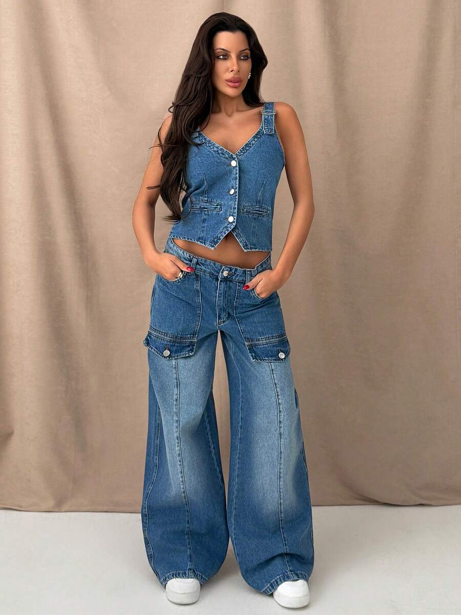 SHEIN مجموعة جينز قطعتين - ملابس علوية وبنطلون - أزرق متوسط - مشاهدة 1