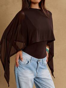 SHEIN BAE 女士斜肩荷叶边层叠雪纺衬衫，优雅衬衫，简约时尚衬衫 - 棕色 - 查看 6