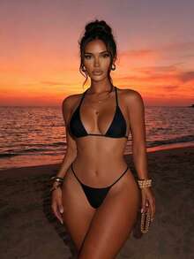 Swim SXY 夏季海滩女士纯色挂脖比基尼套装带迷你微三角比基尼套装 - 黑色 - 查看 6