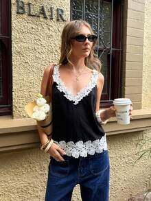 SHEIN Frenchy Women's Elegant Black And White Summer Contrast Lace Camisole Top, French Loose Top, Lace Trim Casual Top For Brunch, Beach Vacations - Black and White - View 9