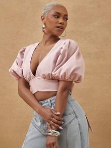 Vixey Solid Twill Quarter Length Petal Sleeve Self Tie Open Back Blouse - Dusty Pink - View 4