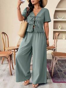 SHEIN LUNE Plus Size Casual Solid Color Tie Front Top And Pants 2 Pieces Set - Mint Blue - View 7